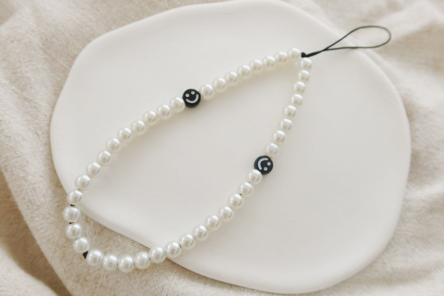 Minimalist Smiley Face Pearl Phone Strap