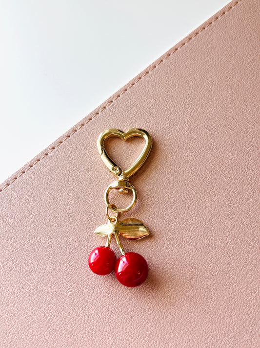 High Quality Cute Cherry Key Charm - Adorable Cherry Bag Charm - FAST SHIPPING Key Chain - Cherry Key Chain with Heart Clip